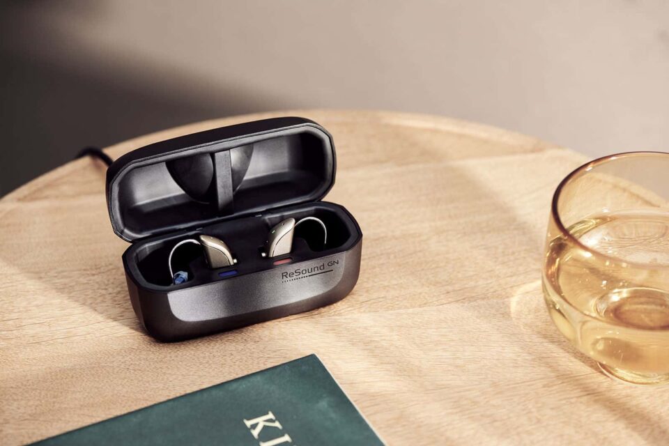 ReSound hearing aid in charger