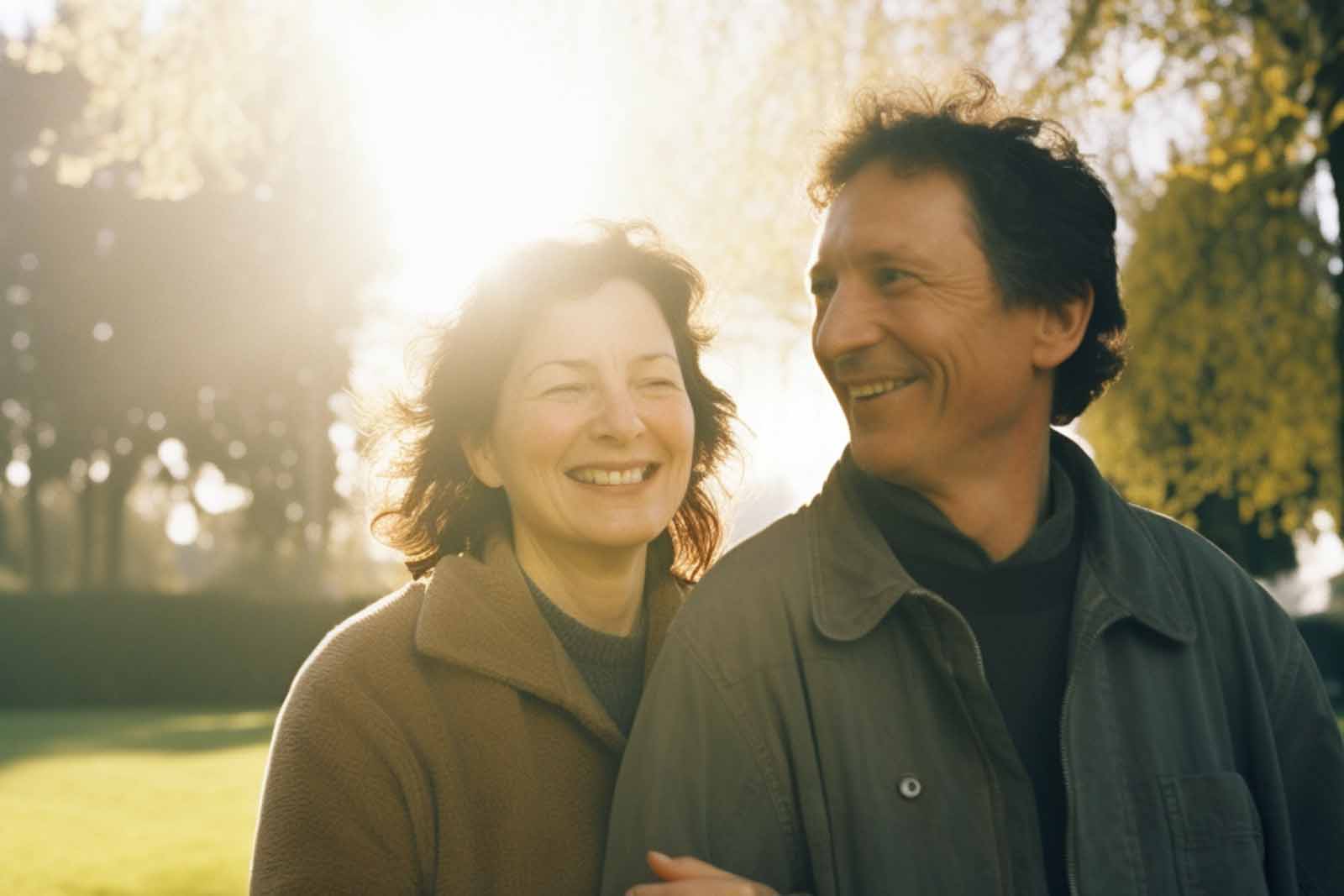 Happy middle-aged couple holding hands and laughing in sunlit park with vibrant green trees, bright blue sky, and wispy clouds, conveying a nostalgic and warm atmosphere